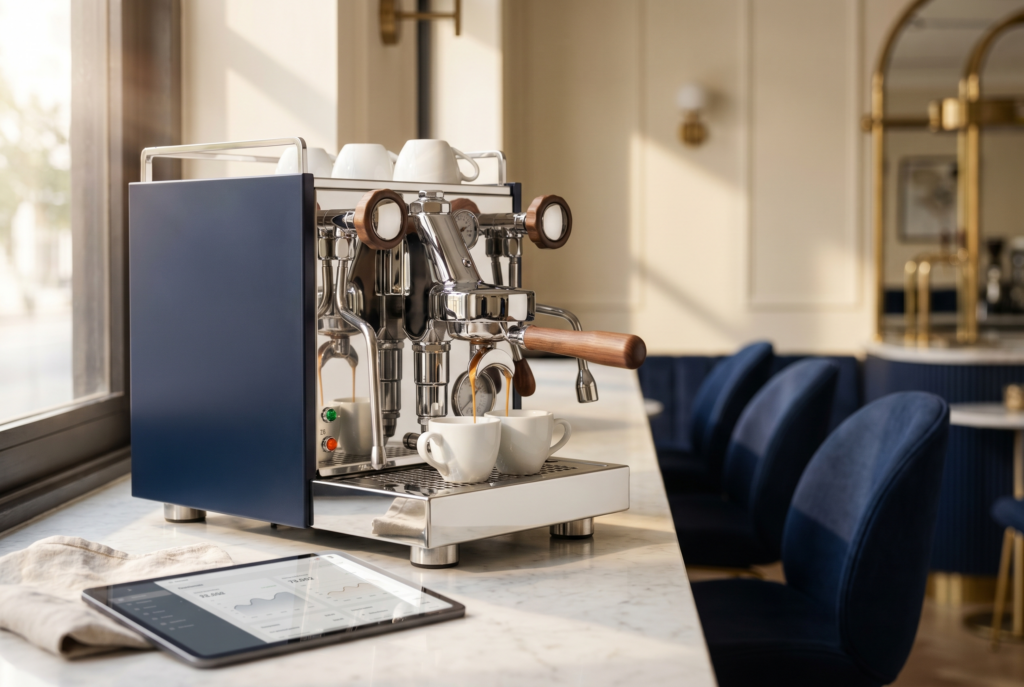 Prémium eszpresszógép eszpresszót csorgat egy elegáns modern kávézóban, a pulton tablet irányítópult-felülettel — CafféTrade HoReCa rendszerépítés